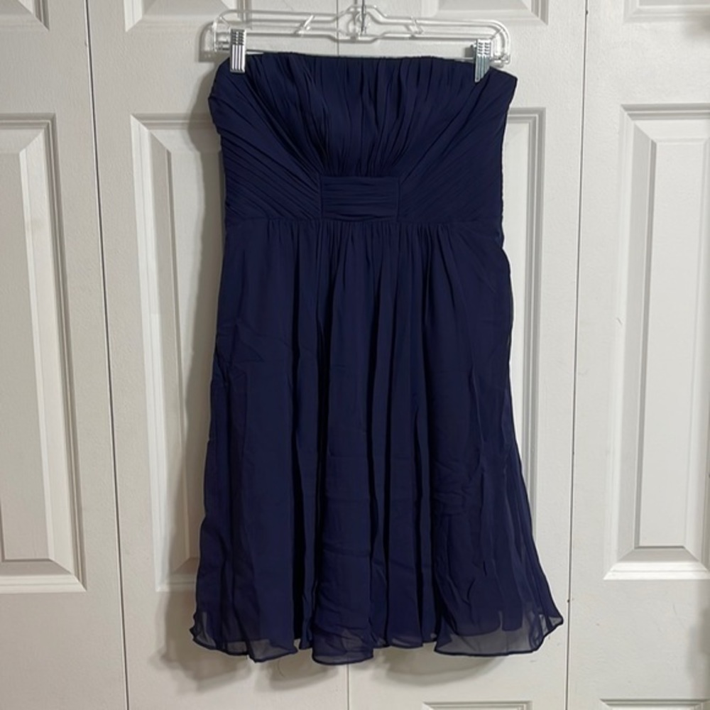 Suzi Chin 4‎ Silk Strapless Cocktail Dress Womens Navy Blue Pleated Ruched Knee